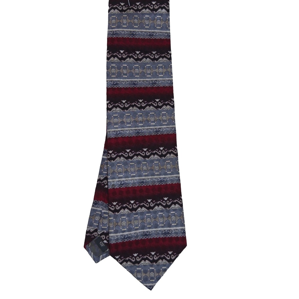 Daniel De Fasson Tie OS Mens Silk Geometric Stripe Burgundy Blue Grey